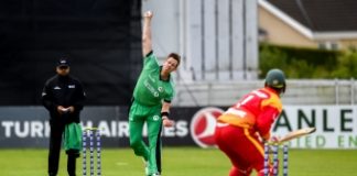 Boyd Rankin bowling against Zimbabwe at Bready, 2019