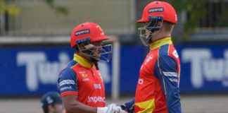 Dominic Hendricks(l) congratulate Ryan Rickleton of the Lions after reaching his 50 during the Momentum One Day Cup 2019/20