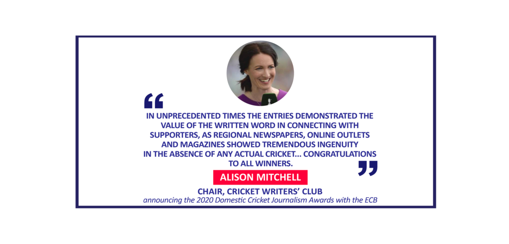 Alison Mitchell, Chair, Cricket Writers’ Club announcing the 2020 Domestic Cricket Journalism Awards with the ECB