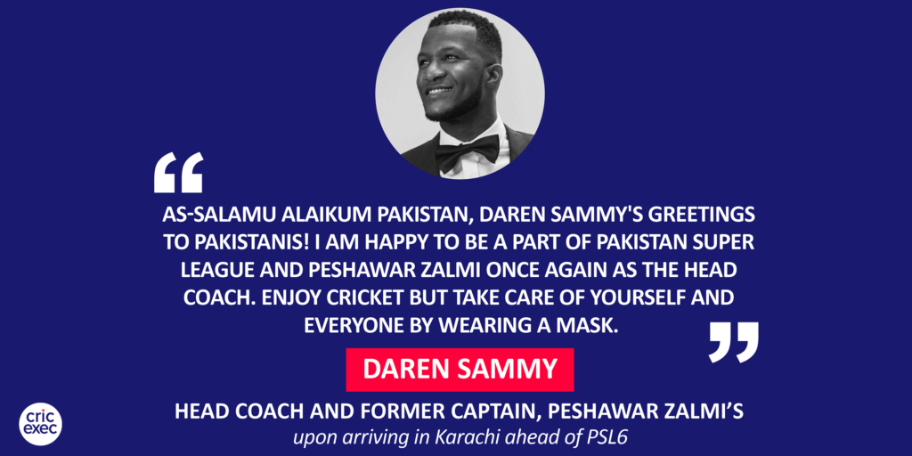 Darren Sammy, Head Coach and Former Captain, Peshawar Zalmi upon arriving in Karachi ahead of PSL6