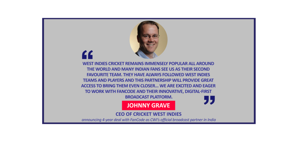 Johnny Grave, CEO of Cricket West Indies announcing 4-year deal with FanCode as CWI’s official broadcast partner in India
