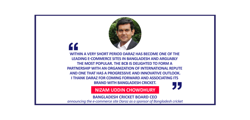 Nizam Uddin Chowdhury Bangladesh Cricket Board CEO announcing the e-commerce site Daraz as a sponsor of Bangladesh cricket