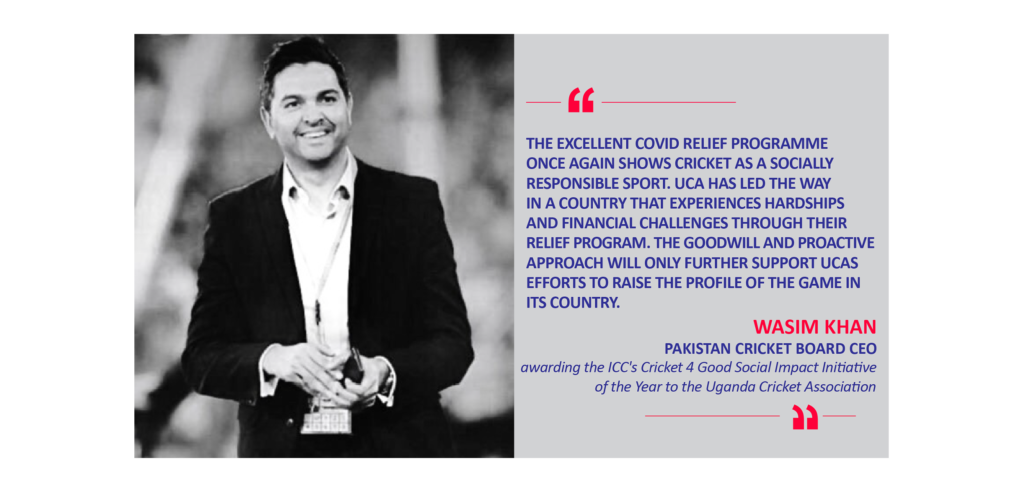 Wasim Khan, Pakistan Cricket Board CEO awarding the ICC's Cricket 4 Good Social Impact Initiative of the Year to the Uganda Cricket Association