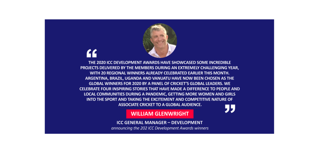 William Glenwright , ICC General Manager – Development announcing the 202 ICC Development Awards winners