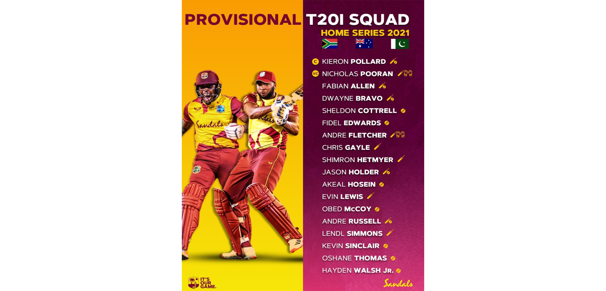CWI: West Indies name provisional T20 squad for exciting summer schedule