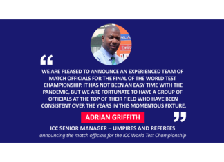 Adrian Griffith, ICC Senior Manager – Umpires and Referees announcing the match officials for the ICC World Test Championship