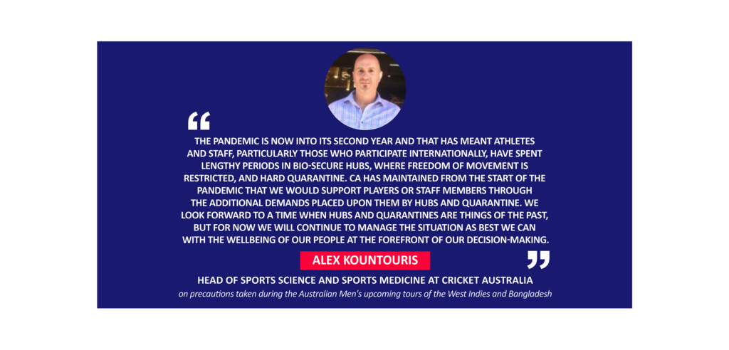 Alex Kountouris, Head of Sports Science and Sports Medicine at Cricket Australia on precautions taken during the Australian Men's upcoming tours of the West Indies and Bangladesh