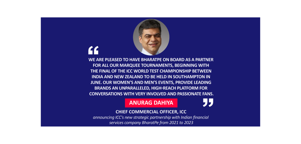 Anurag Dahiya, Chief Commercial Officer, ICC announcing ICC's new strategic partnership with Indian financial services company BharatPe from 2021 to 2023