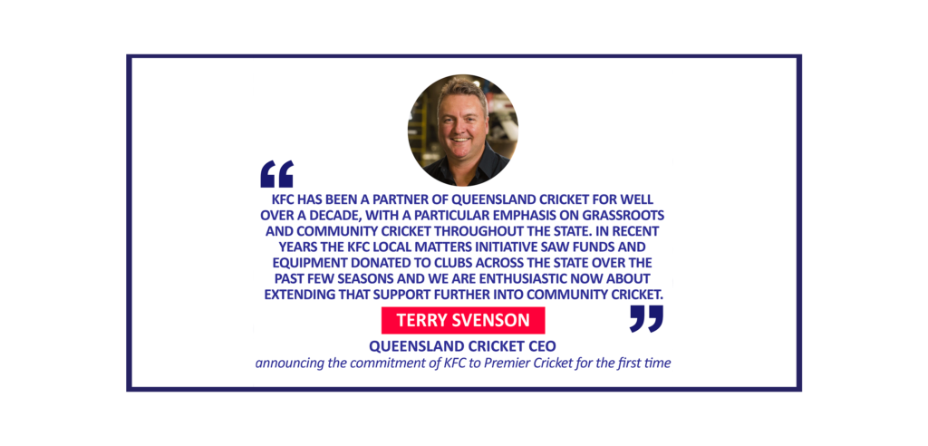 Terry Svenson, Queensland Cricket CEO announcing the commitment of KFC to Premier Cricket for the first time