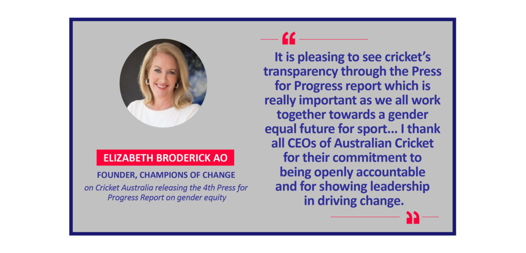 Elizabeth Broderick AO, Founder, Champions of Change on Cricket Australia releasing the 4th Press for Progress Report on gender equity