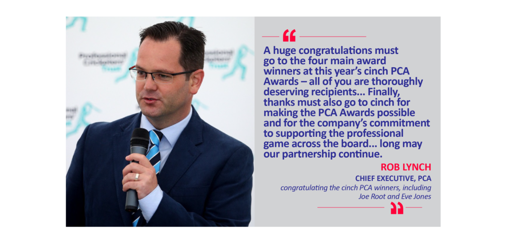 Rob Lynch, Chief Executive, PCA congratulating the cinch PCA winners, including Joe Root and Eve Jones