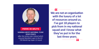 Pierre de Bruyn, Namibia Men’s National Team Head Coach after the victory over Ireland which ensured Namibia's spot in the ICC T20 World Cup Super 12 round