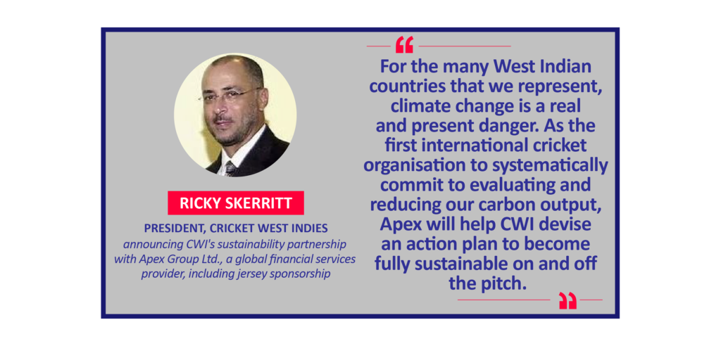 Ricky Skerritt, President, Cricket West Indies announcing CWI's sustainability partnership with Apex Group Ltd., a global financial services provider, including jersey sponsorship