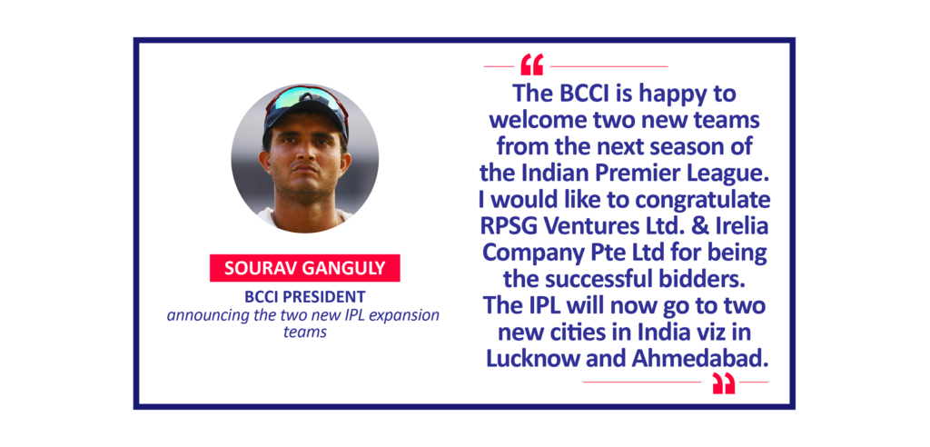 Sourav Ganguly, BCCI President announcing the two new IPL expansion teams
