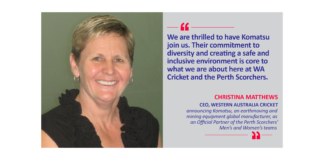 Christina Matthews, CEO, Western Australia Cricket announcing Komatsu, an earthmoving and mining equipment global manufacturer, as an Official Partner of the Perth Scorchers' Men’s and Women’s teams