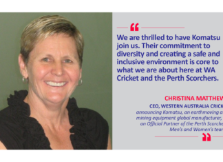 Christina Matthews, CEO, Western Australia Cricket announcing Komatsu, an earthmoving and mining equipment global manufacturer, as an Official Partner of the Perth Scorchers' Men’s and Women’s teams
