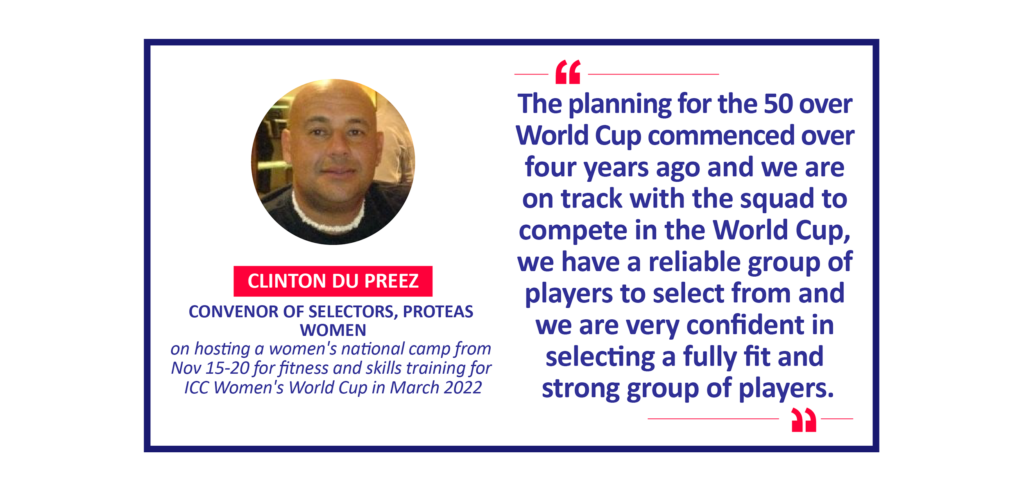 Clinton Du Preez, Convenor of Selectors, Proteas Women on hosting a women's national camp from Nov 15-20 for fitness and skills training for ICC Women's World Cup in March 2022
