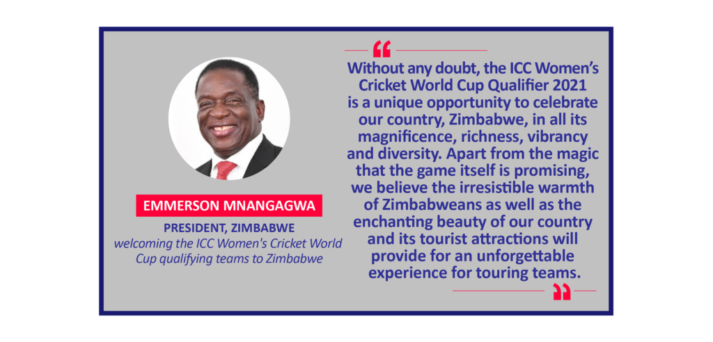 Emmerson Mnangagwa, President, Zimbabwe welcoming the ICC Women's Cricket World Cup qualifying teams to Zimbabwe