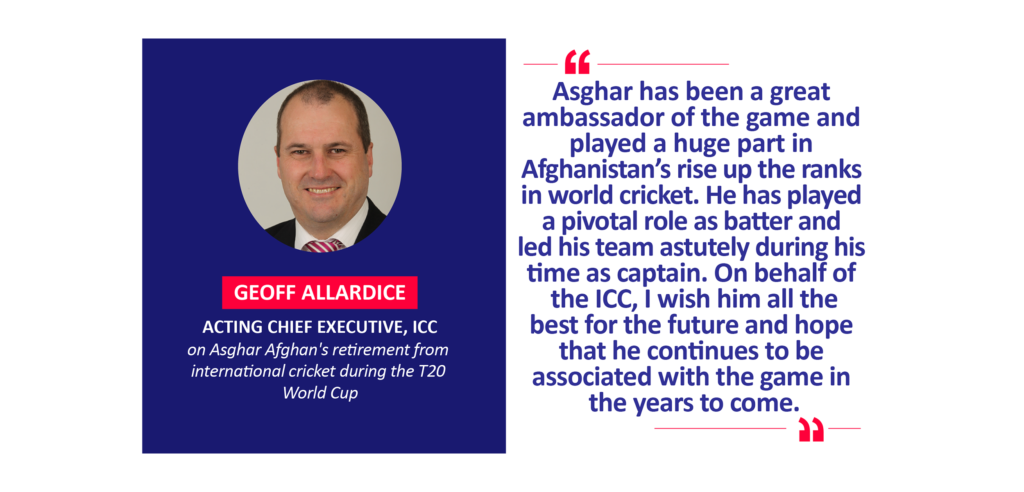 Geoff Allardice, Acting Chief Executive, ICC on Asghar Afghan's retirement from international cricket during the T20 World Cup