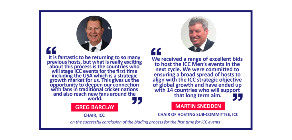 Greg Barclay and Martin Snedden on the successful conclusion of the bidding process for the first time for ICC events
