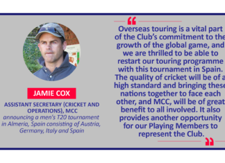 Jamie Cox, Assistant Secretary (Cricket and Operations), MCC announcing a men's T20 tournament in Almeria, Spain consisting of Austria, Germany, Italy and Spain