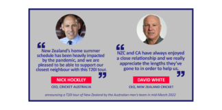 Nick Hockley and David White announcing a T20I tour of New Zealand by the Australian men's team in mid-March 2022