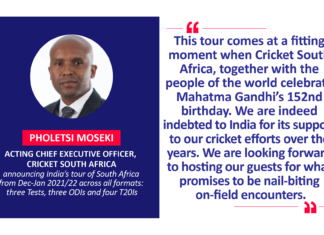 Pholetsi Moseki, Acting Chief Executive Officer, Cricket South Africa announcing India’s tour of South Africa from Dec-Jan 2021/22 across all formats: three Tests, three ODIs and four T20Is