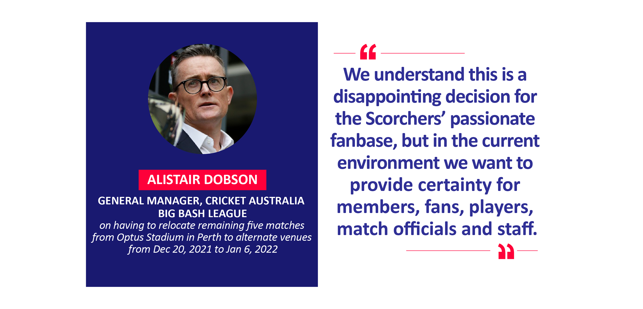 Alistair Dobson, General Manager, Cricket Australia Big Bash League on having to relocate remaining five matches from Optus Stadium in Perth to alternate venues from Dec 20, 2021 to Jan 6, 2022