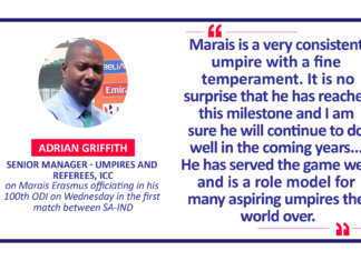 Adrian Griffith, Senior Manager - Umpires and Referees, ICC on Marais Erasmus officiating in his 100th ODI on Wednesday in the first match between SA-IND