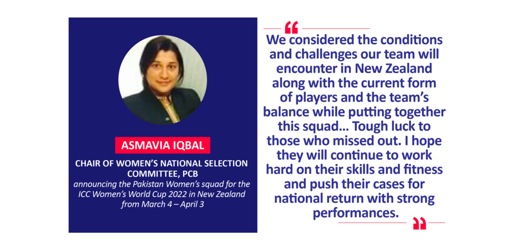 Asmavia Iqbal, Chair of Women’s National Selection Committee, PCB announcing the Pakistan Women’s squad for the ICC Women’s World Cup 2022 in New Zealand from March 4 – April 3