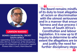 Lawson Naidoo, Board Chairperson, Cricket South Africa on appointing Senior Counsel Advocate Terry Motau (SC) as chairperson of the disciplinary hearing into allegations of misconduct against Proteas Men’s Coach, Mark Boucher