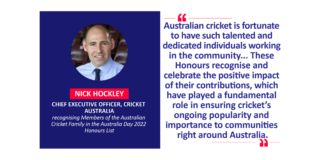 Nick Hockley, Chief Executive Officer, Cricket Australia recognising Members of the Australian Cricket Family in the Australia Day 2022 Honours List