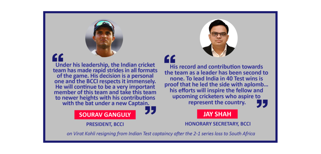Sourav Ganguly and Jay Shah on Virat Kohli resigning from Indian Test captaincy after the 2-1 series loss to South Africa
