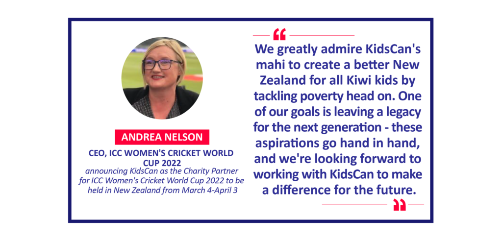 Andrea Nelson, CEO, ICC Women's Cricket World Cup 2022 announcing KidsCan as the Charity Partner for ICC Women's Cricket World Cup 2022 to be held in New Zealand from March 4-April 3