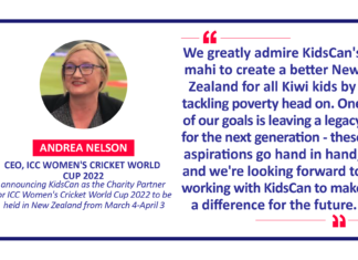 Andrea Nelson, CEO, ICC Women's Cricket World Cup 2022 announcing KidsCan as the Charity Partner for ICC Women's Cricket World Cup 2022 to be held in New Zealand from March 4-April 3