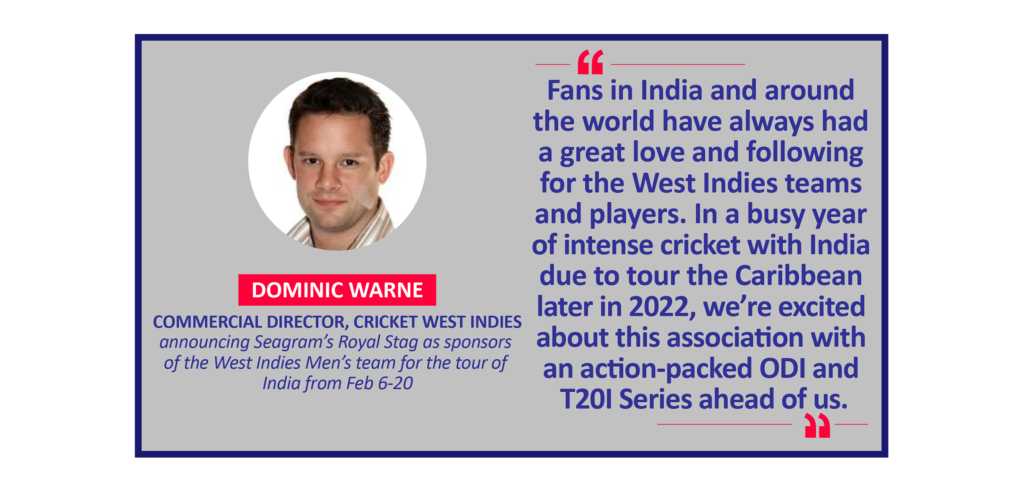 Dominic Warne, Commercial Director, Cricket West Indies announcing Seagram’s Royal Stag as sponsors of the West Indies Men’s team for the tour of India from Feb 6-20