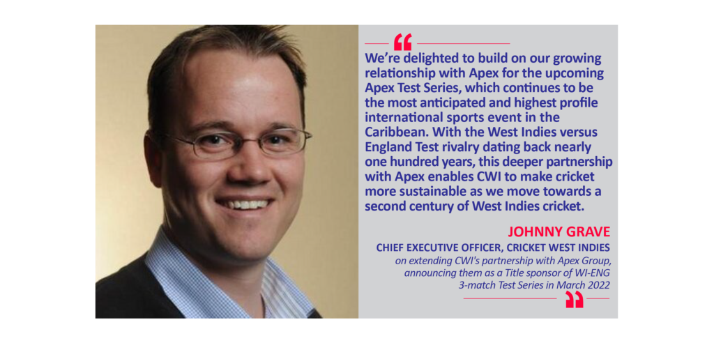 Johnny Grave, Chief Executive Officer, Cricket West Indies on extending CWI's partnership with Apex Group, announcing them as a Title sponsor of WI-ENG 3-match Test Series in March 2022
