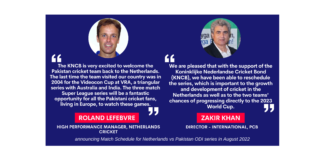Roland Lefebvre and Zakir Khan announcing Match Schedule for Netherlands vs Pakistan ODI series in August 2022