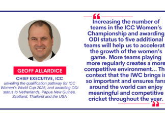 Geoff Allardice, Chief Executive, ICC unveiling the qualification pathway for ICC Women’s World Cup 2025; and awarding ODI status to Netherlands, Papua New Guinea, Scotland, Thailand and the USA