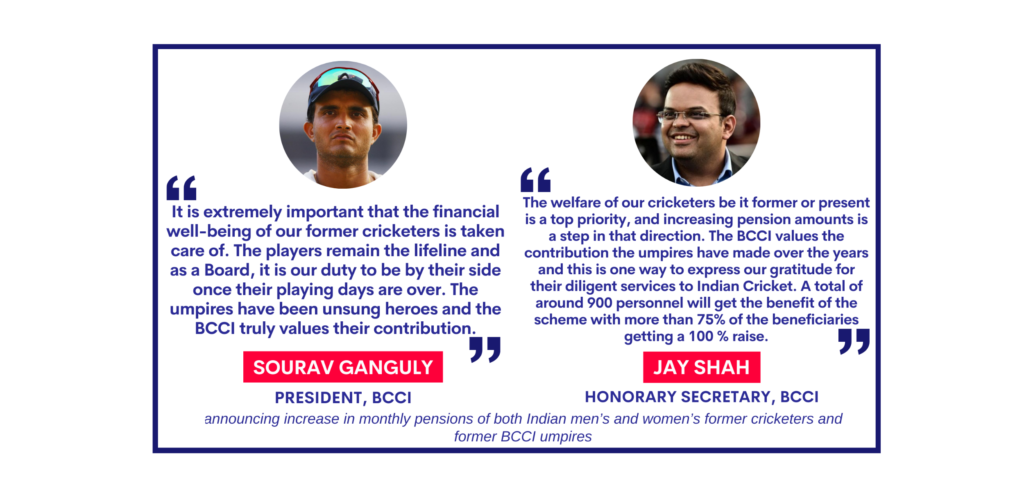 Sourav Ganguly and Jay Shah announcing increase in monthly pensions of both Indian men’s and women’s former cricketers and former BCCI umpires