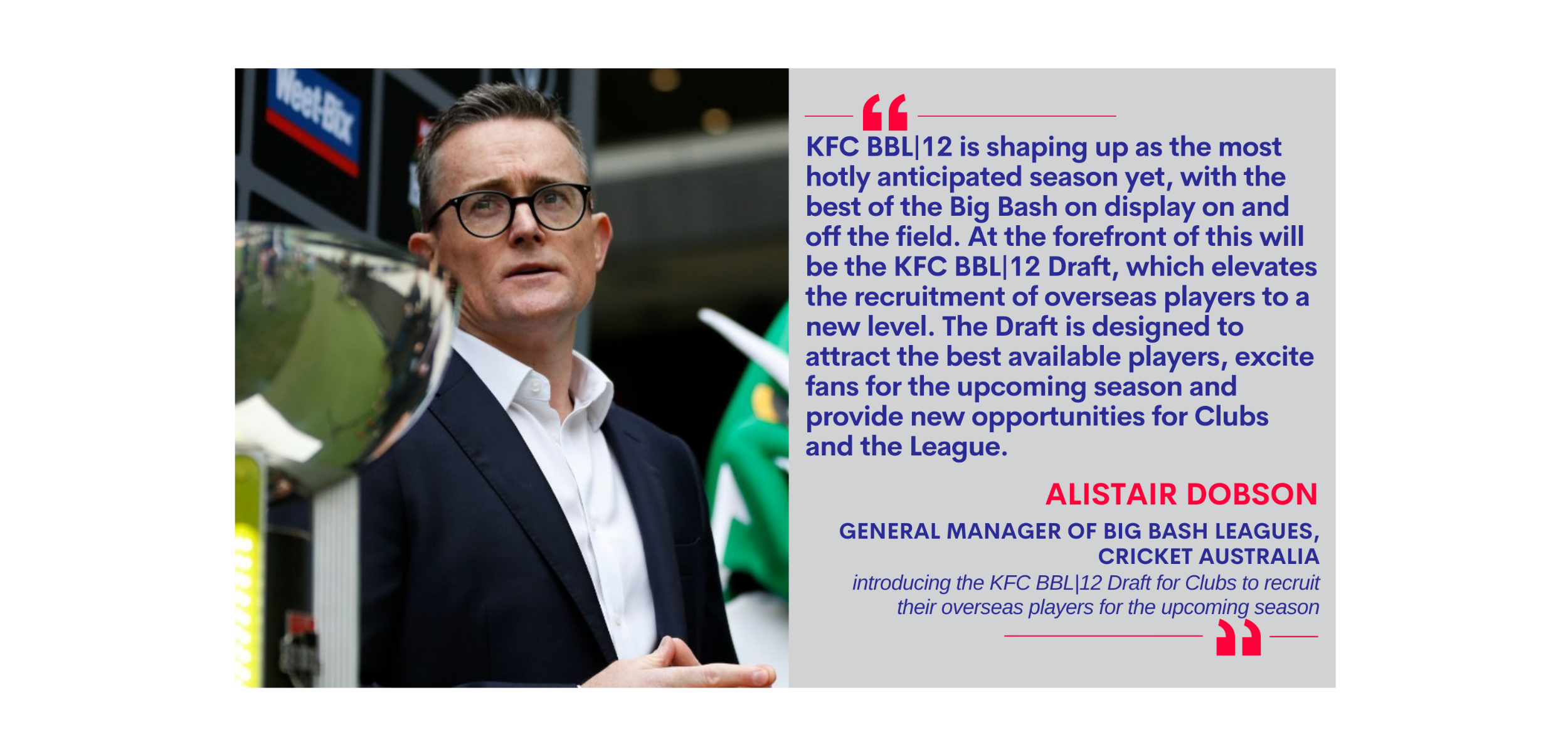 Alistair Dobson, General Manager of Big Bash Leagues, Cricket Australia introducing the KFC BBL|12 Draft for Clubs to recruit their overseas players for the upcoming season
