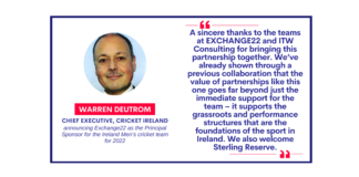 Warren Deutrom, Chief Executive, Cricket Ireland announcing Exchange22 as the Principal Sponsor for the Ireland Men’s cricket team for 2022