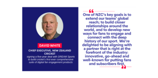 David White, Chief Executive, New Zealand Cricket signing a five-year deal with DREAM Sports to build cricket’s first-ever comprehensive suite of digital fan engagement products