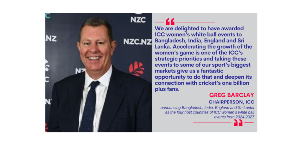 Greg Barclay, Chairperson, ICC announcing Bangladesh, India, England and Sri Lanka as the four host countries of ICC women’s white ball events from 2024-2027