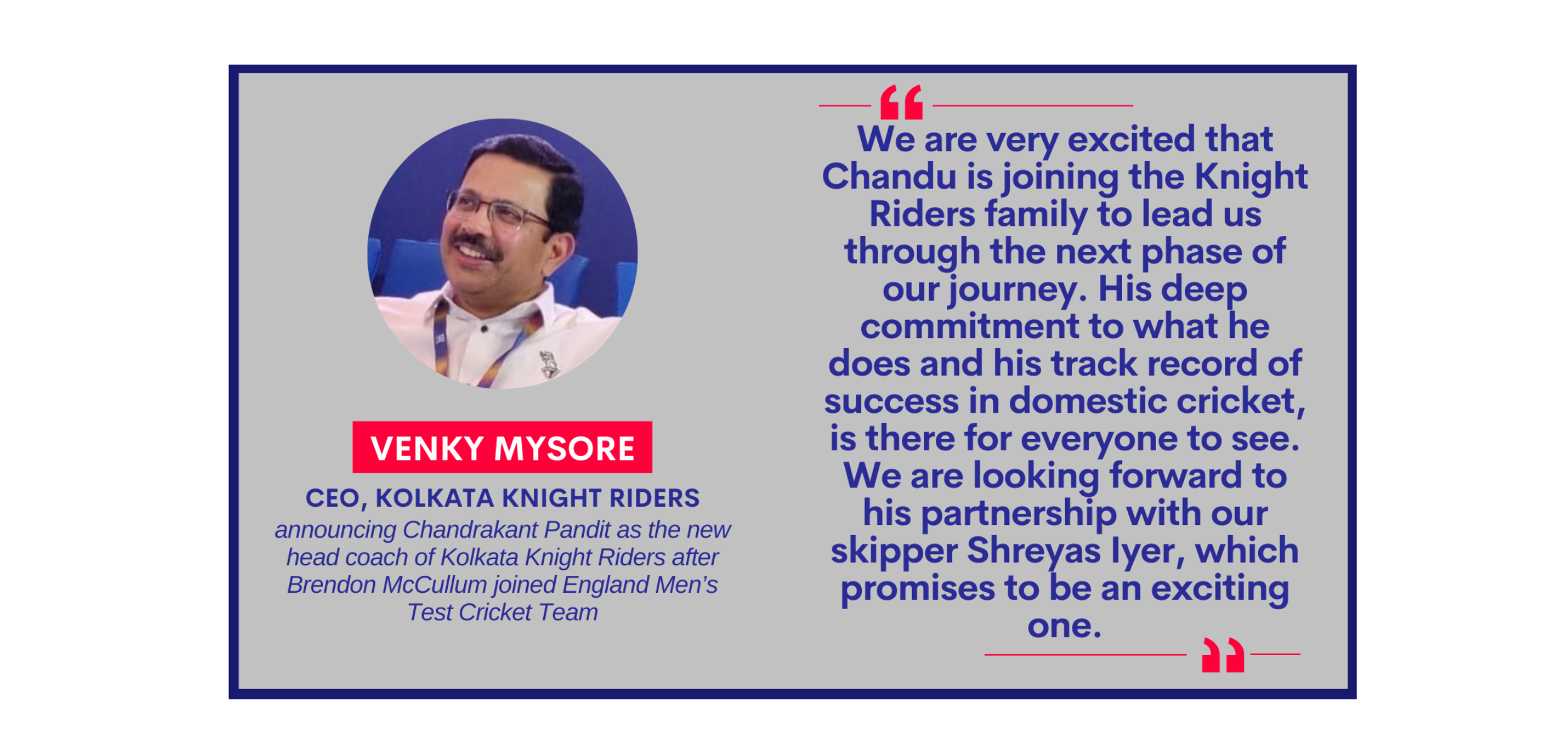 Venky Mysore, CEO, Kolkata Knight Riders announcing Chandrakant Pandit as the new head coach of Kolkata Knight Riders after Brendon McCullum joined England Men’s Test Cricket Team