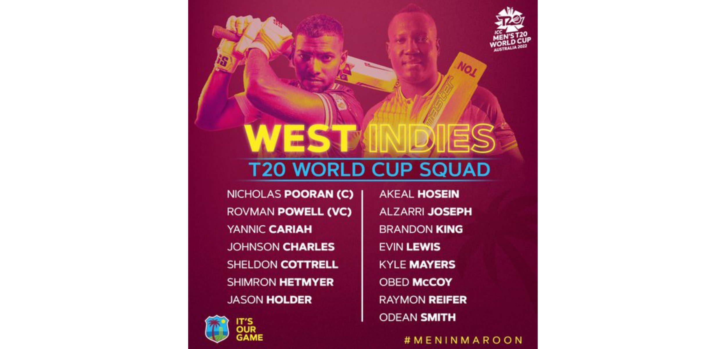 Cricket West Indies name squad for ICC Men’s T20 World Cup