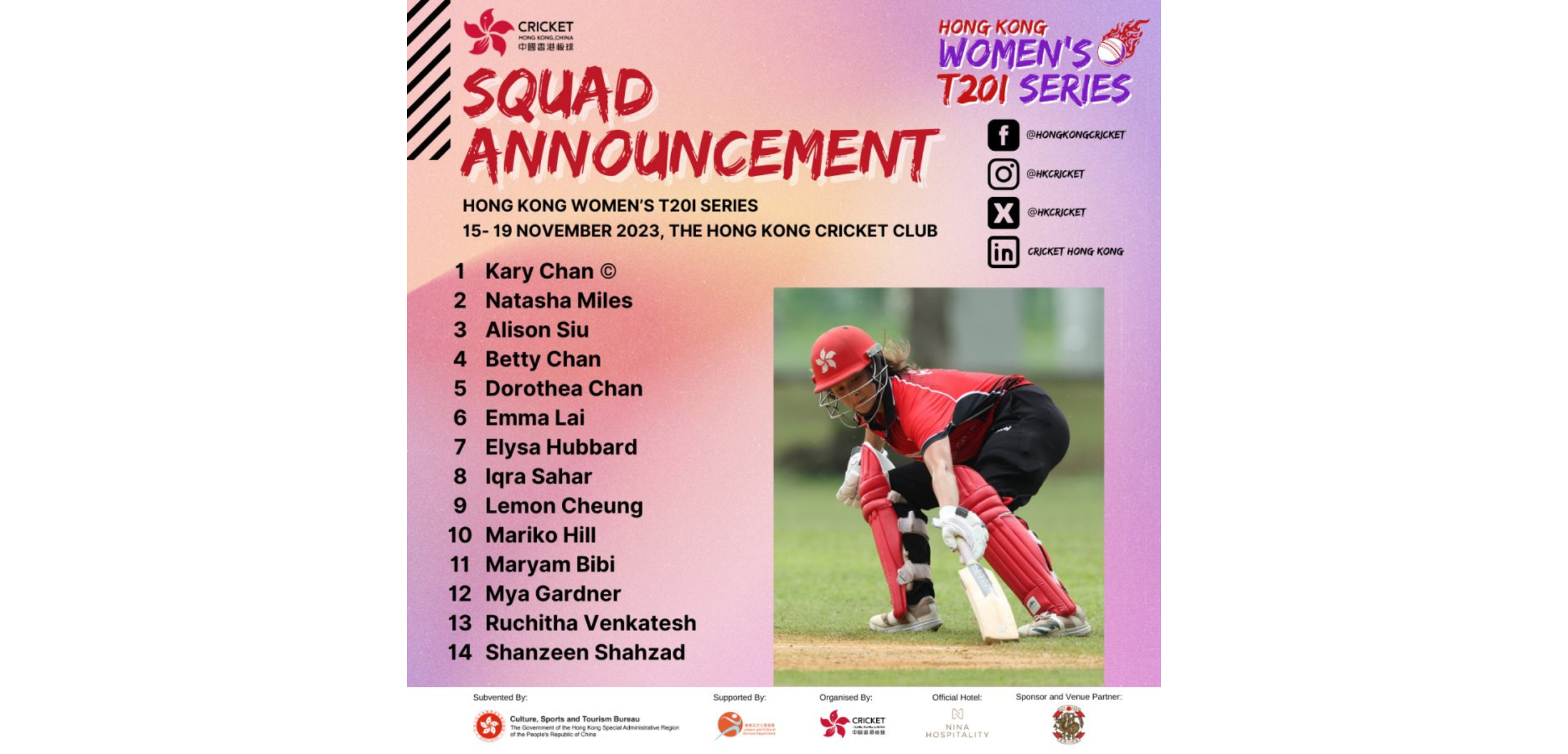 CHK: Team Hong Kong, China squads announced for Hong Kong Women’s T20I series