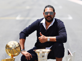 India legend Yuvraj Singh walks The Miami Grand Prix Grid with ICC Men’s T20 World Cup Trophy