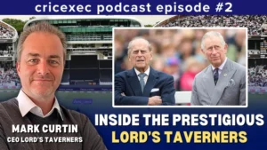 Mark Curtin, CEO of Lord’s Taverners, featured in Cricexec podcast episode with images of British royalty and Lord’s Cricket Ground in the background.