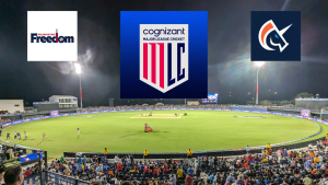 Logos of Washington Freedom, San Francisco Unicorns, and Major League Cricket (MLC) displayed over a packed cricket stadium during a night match.